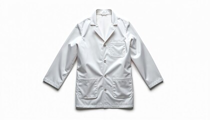 Fototapeta premium A pristine white lab coat lies flat on a clean white background. This professional garment features buttons and pockets. Ideal for medical or science contexts.