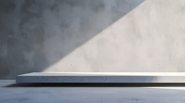 Minimal architectural concrete space with soft daylight and diagonal shadows, clean floor stage and large copy space for modern UI and tech product landing page hero background
