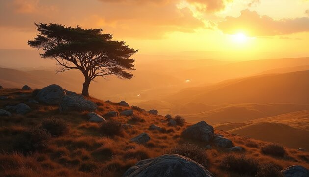 Lone tree on grassy hill with rocks overlooks misty valley at golden sunrise. Orange sun rays light up rolling landscape. Clouds glow in sky over hills.