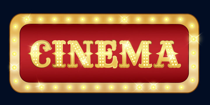 Cinema. Glowing frame, shiny retro movie poster with neon lights and lettering. Vintage banner. Vector illustration.