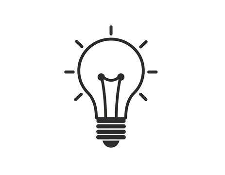 A simple black and white vector illustration depicting a lightbulb with radiating beams of light