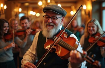 Fototapeta premium Irish ensemble plays traditional music on violins in cozy pub setting. Friends enjoy lively folk tunes, creating warm atmosphere. Musicians skilled players performing classic melodies for happy