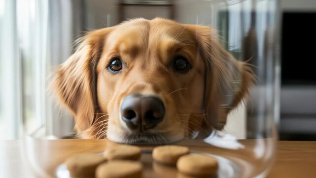 Cute Golden Retriever dog resting head on table staring at dog treats with pleading eyes in bright home interior, funny pet lifestyle concept video