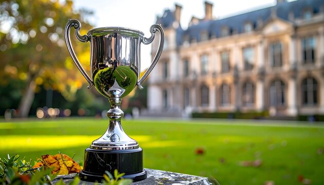 A shiny silver trophy, reflecting its surroundings, sits on a stone plinth with a blurred, large building in the background