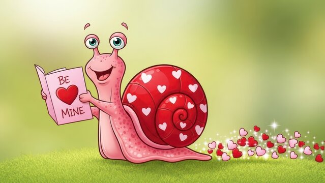Cartoon snail holding a valentines day card with hearts on a green background