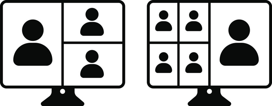 Virtual Meeting Icon Set. Video conference and remote work symbols. Online meeting icons. training icons on computer, laptop, tablet, mobile phone. teamwork discussion symbol design
