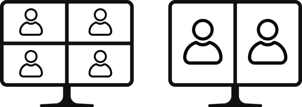 Virtual Meeting Icon Set. Video conference and remote work symbols. Online meeting icons. training icons on computer, laptop, tablet, mobile phone. teamwork discussion symbol design

