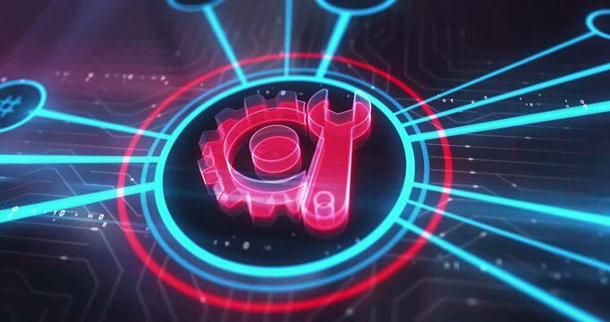 Setting maintenance and cyber management symbol digital concept. Cyber technology and computer network background abstract 3d animation.