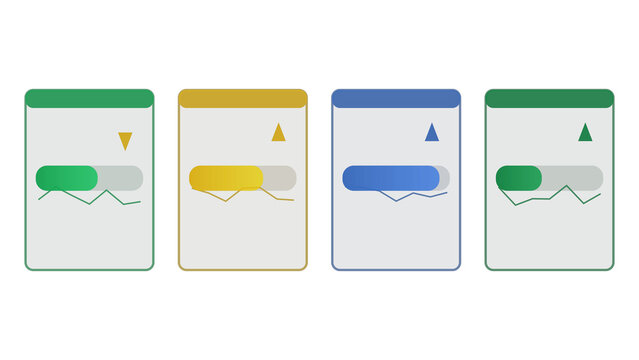 Four-quadrant KPI scorecard with gauge and completion ring pairs. Isolated transparent PNG management dashboard visual.