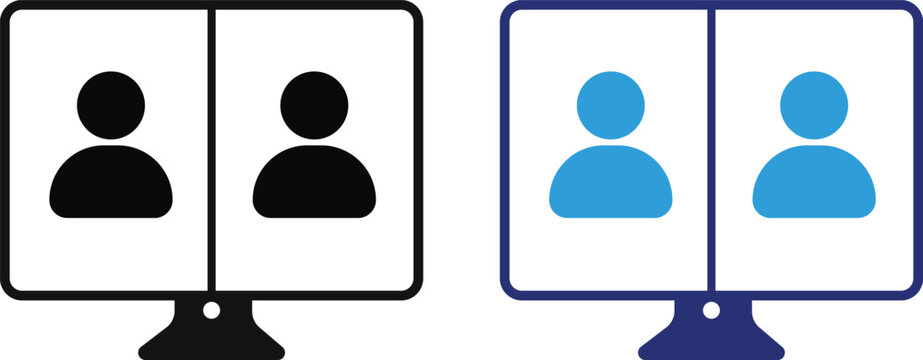 Virtual Meeting Icon Set. Video conference and remote work symbols. Online meeting icons. training icons on computer, laptop, tablet, mobile phone. teamwork discussion symbol design
