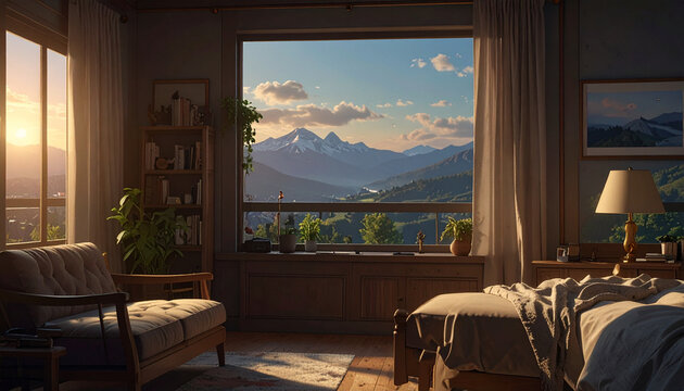 Room with mountains view and sunlight