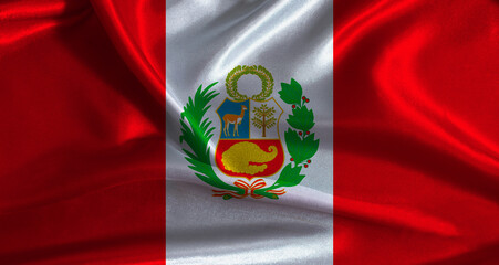 Fototapeta premium Peru flag with cloth textured background. National flag of Peru with realistic texture
