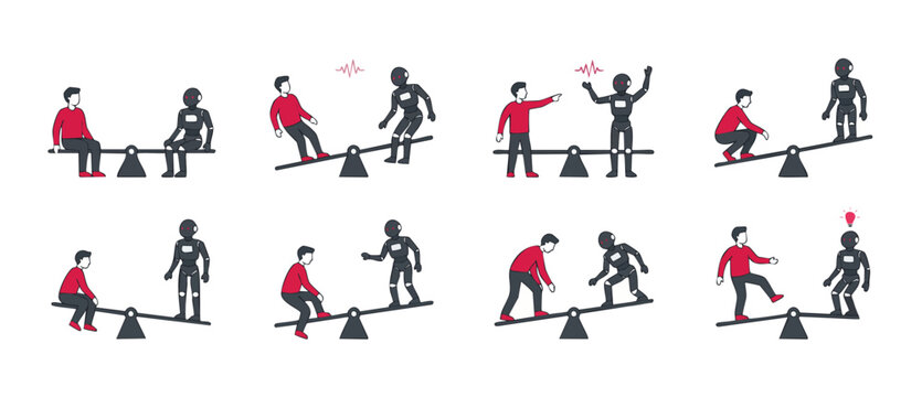 Human and Robot Seesaw Balance Interaction Set for Artificial Intelligence Concepts and Technology Comparison Illustration showing Person and Android engaged in weight equilibrium on a playground teet