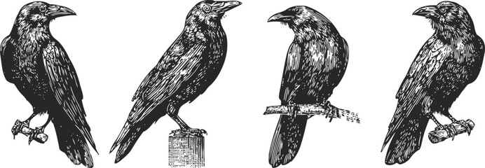Obraz premium black ravens perched on branches and posts hand drawn vintage bird illustrations set with detailed feathers and beaks