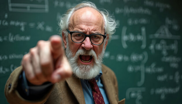 Elderly professor with glasses points finger, shouts at camera. Strict teacher gestures at blackboard with math equations. Angry face, old man expresses loud emotion. Academic anger, lecturing,