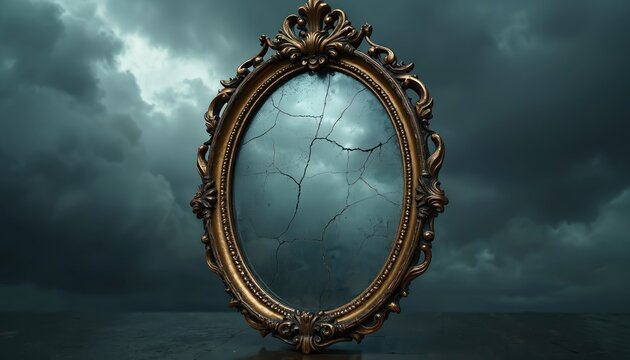 Antique ornate mirror with cracked glass stands against stormy dark sky. Ornate golden frame reflects stormy weather. Moody atmospheric scene.