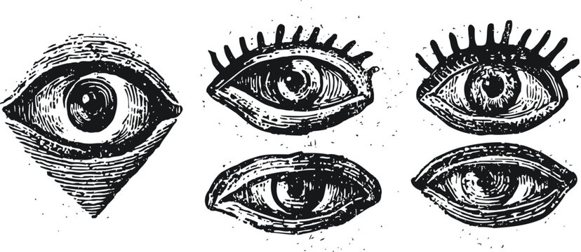 Vintage hand drawn eye illustrations with detailed lashes and pupils in black ink sketch