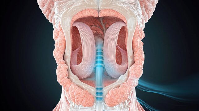 National Stuttering Awareness Week: illustration of vocal cords and larynx in cross-section, soft pink and pearl white tissues, delicate membranes gently vibrating