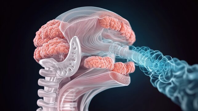 National Stuttering Awareness Week: illustration of vocal cords and larynx in cross-section, soft pink and pearl white tissues, delicate membranes gently vibrating
