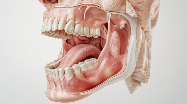 National Stuttering Awareness Week: human mouth throat and articulatory system in mid-speech cross-section, tongue position precisely shown against palate, teeth lips jaw and nasal cavity visible