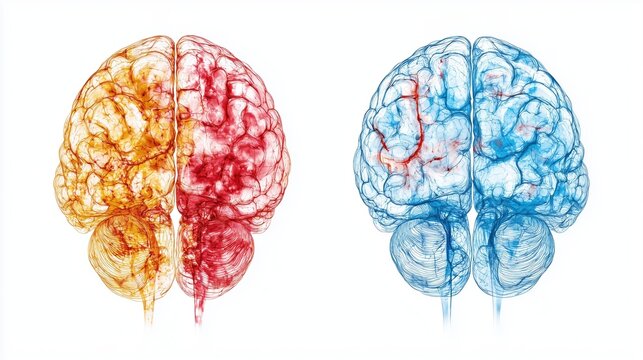 National Stuttering Awareness Week: brain activity comparison: fluent speech vs stuttering, two brain cross-sections with color heat maps, red/yellow high activity, blue low