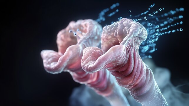 National Stuttering Awareness Week: 3D render of vocal cords and larynx, realistic soft tissue with subsurface scattering in pink and pearl tones, membranes slightly open mid-vibration