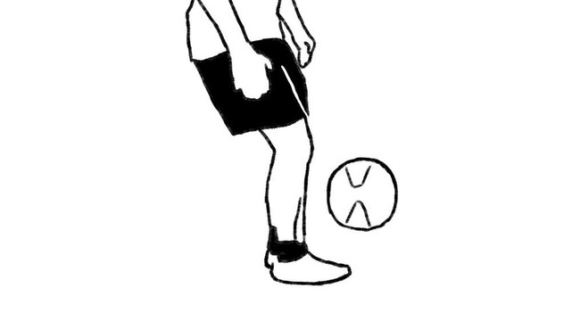 black and white rotoscope animation of football player juggling the ball. 2 background mode, white and green 