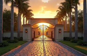 Fototapeta na wymiar Luxury gated community entrance with ornate metal gates and palm trees at sunrise. Stone driveway leads to elegant private estate. Warm golden light casts long shadows across the serene landscape.