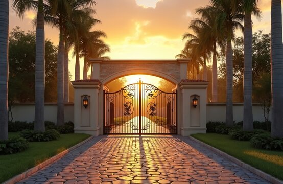 Luxury gated community entrance with ornate metal gates and palm trees at sunrise. Stone driveway leads to elegant private estate. Warm golden light casts long shadows across the serene landscape.
