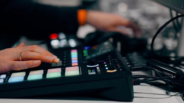 Close-up of a professional DJ controller and mixer with glowing lights during a live performance.