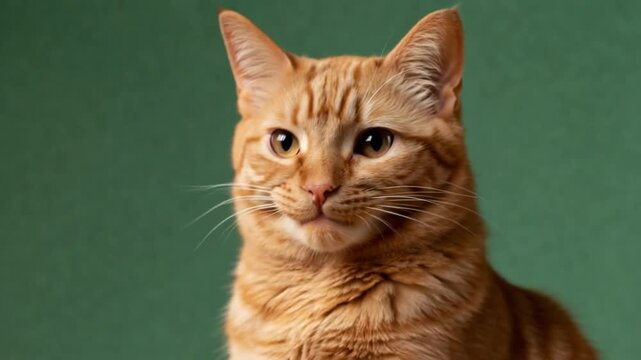 Playful ginger cat orange tabby funny kitten on green background with open mouth sharp tooth and cute paw whisker indoor pet portrait relaxed domestic feline closeup soft cozy fur texture