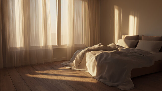 Serene Bedroom Interior with Golden Hour Sunlight and Linen Bedding