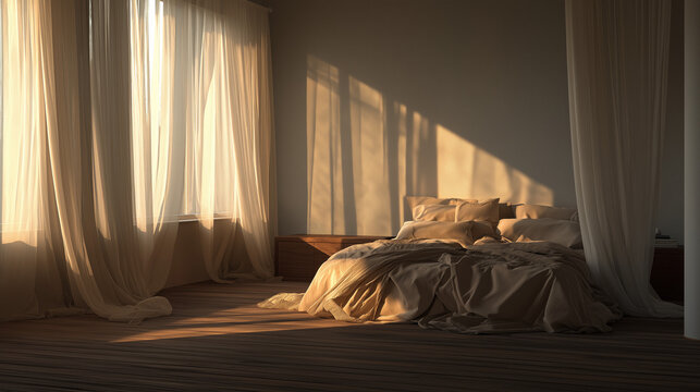 Serene Bedroom Interior with Golden Hour Sunlight and Linen Bedding