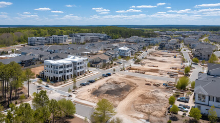 Obraz premium Aerial view of new subdivision under construction beside established neighborhood, raw lots visible beside mature tree canopies, property development contrast, drone real estate overview, spring con