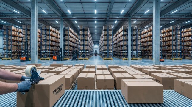 Worker sealing cardboard boxes on a conveyor belt in a large modern fast fashion logistics distribution warehouse with tall pallet racks and forklifts.