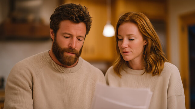 Husband and wife reviewing Chapter 7 paperwork at kitchen table, foreclosure letter visible beneath documents, overhead fluorescent light, financial crisis, mortgage default, bankruptcy and housing 