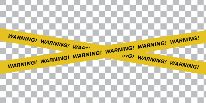 Yellow warning tape crossed over on a transparent checkered background for caution and alertness indication vector.