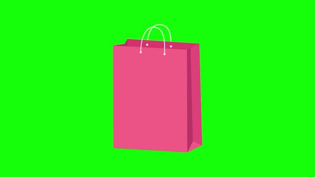 Single shopping bag animation concept with pink tote vector icon symbol popup. Animated handbag design, editable item motion graphic video template with green screen background.