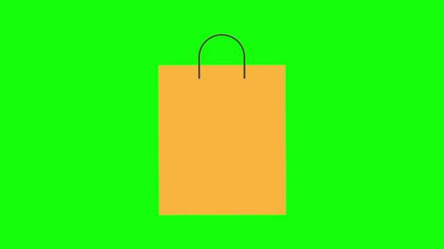 Single shopping bag animation concept with yellow tote vector icon symbol popup. Animated handbag design, editable item motion graphic video template with green screen background.