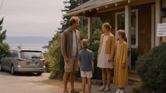 Young family loading minivan outside house with foreclosure auction date sign, neighbors watching from porches across the street, candid unposed moment of displacement, financial hardship, housing l