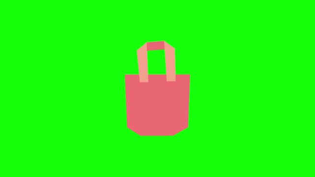 Single shopping bag animation concept with brown pink tote vector icon symbol popup. Animated handbag design, editable item motion graphic video template with green screen background.
