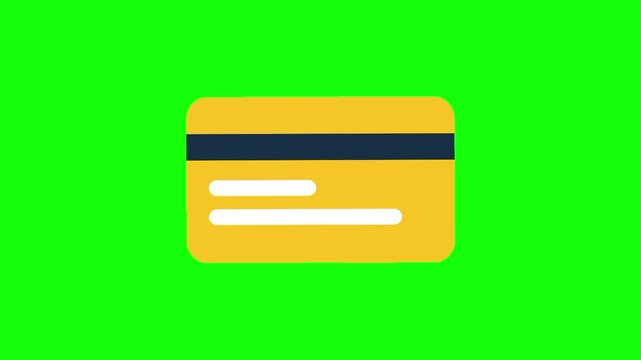 Credit card, debit card icon animated cartoon vector. Payment idea, banking, personal finance symbol. Popup gold, yellow shape animation green screen background template.