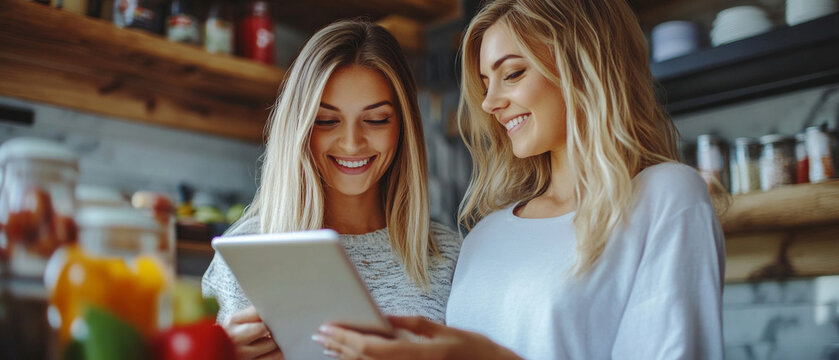 Two blondes are happily looking at a tablet; the image conveys a sense of friendship and makes the perfect backdrop for a living room or kitchen.