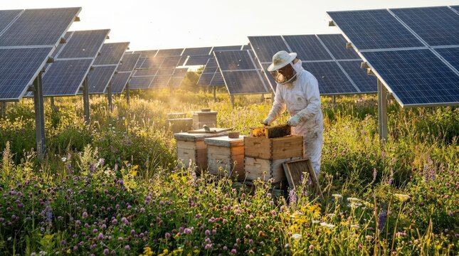 Beekeeper tending to hives among solar panels in a flowering field, showcasing the agrivoltaics concept with sustainable energy and agriculture