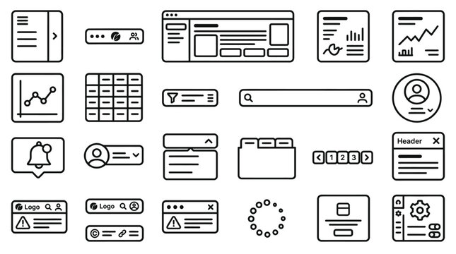 User interface dashboard components and web wireframe elements for design prototypes.