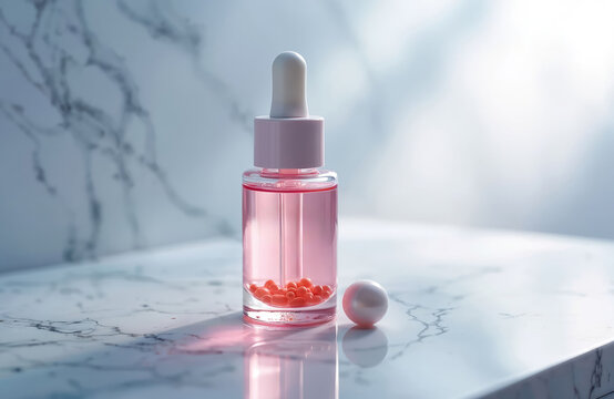 Pink serum ampoule with salmon dna PDRN and peptides sits on marble. Dropper bottle contains anti aging cosmetic fluid. Small orange pills inside.