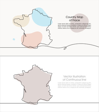 Continuous one line drawing of map of France. white background map for Education, Travel across cities in France, infographics, Science, Web Presentation isolated on white background	