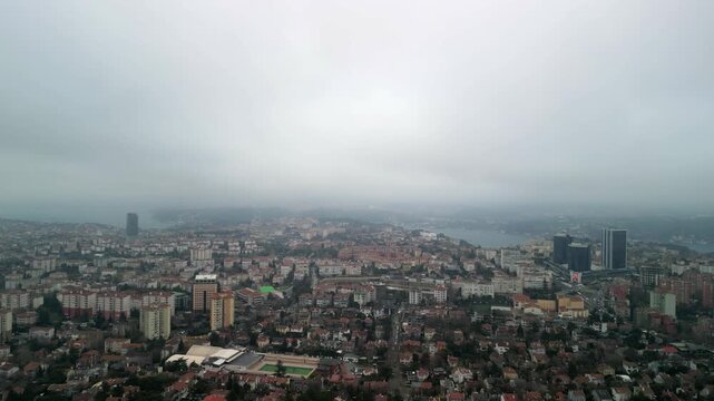 Istanbul Turkey Levent business district during cloudy weather drone shot