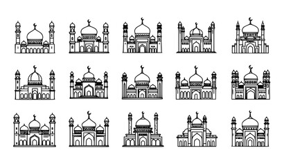 Mosque outline vector set black and white islamic architecture dome minaret collection © MstKamrun