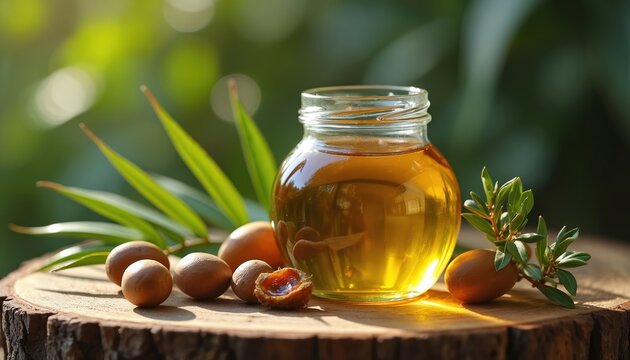 Clear glass jar holds golden batana oil on rustic wood. American palm nuts and green leaves are placed around. Natural oil extract for skin and hair care.